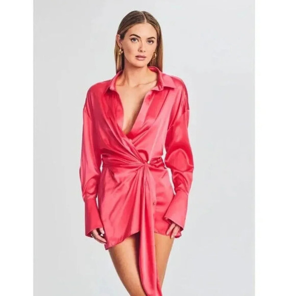 SER.O.YA Demi Silk Dress Size Medium Neon Coral Pink Shirt Dress Wrap Party - Picture 1 of 13